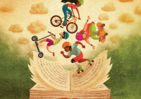Adventure Begins at Your Library - an open book with pages curled up like a skating half-pipe has four young adults playing on it: a dark-skinned girl riding a bicycle, a light-skinned girl riding a skateboard, a dark-skinned boy wearing roller skates, and a light-skinned boy riding a two-wheeled manual scooter